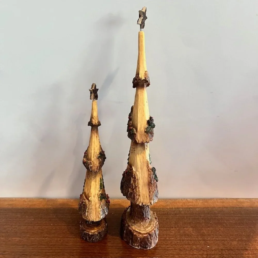 Pair of Resin Wood Look Rustic Carved Trees with Trees Snowflakes Cabin Holly
